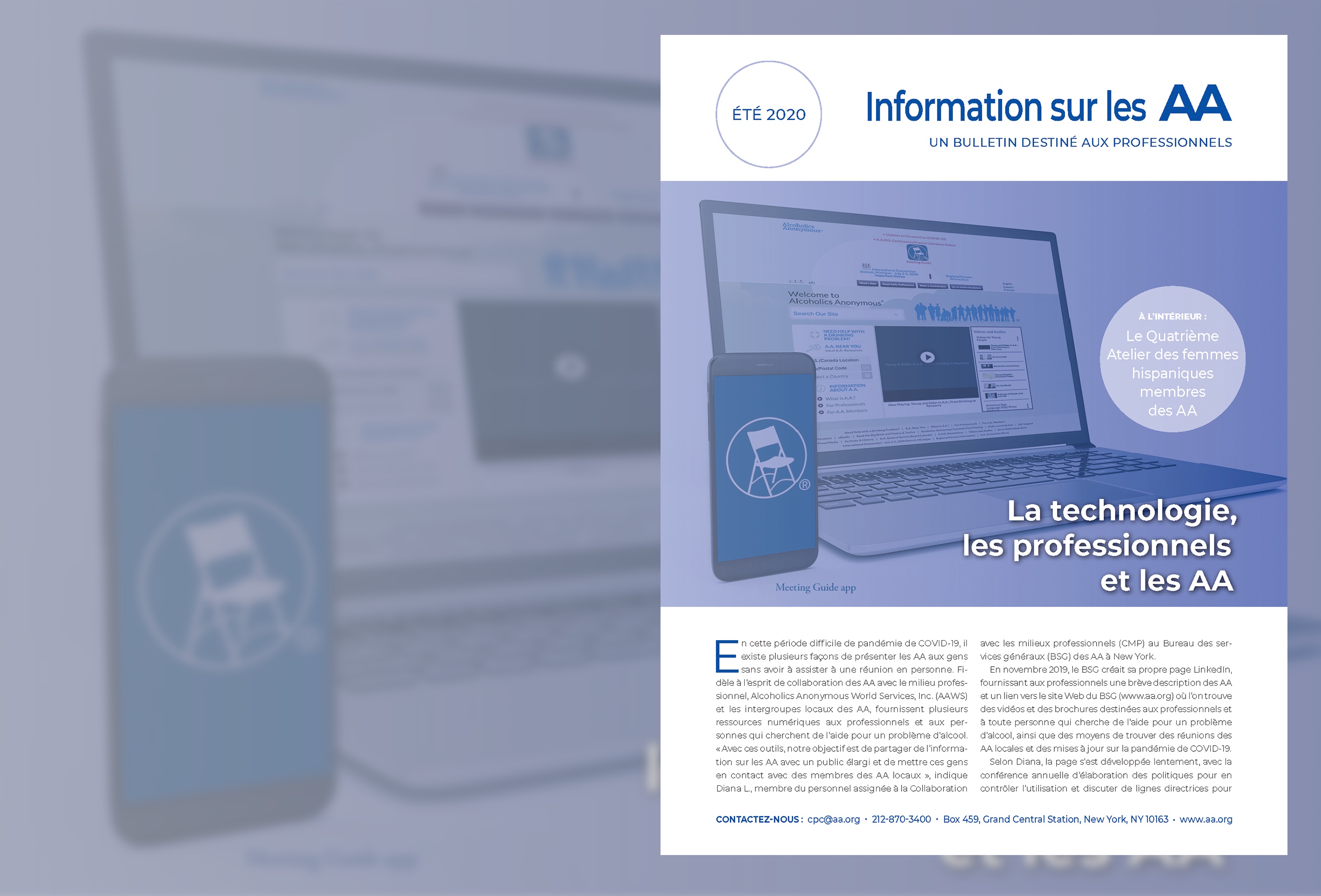 Un ordinateur et un téléphone montrent aa.org et l'appli Meeting Guide, avec un encart du bulletin Informations sur les AA.