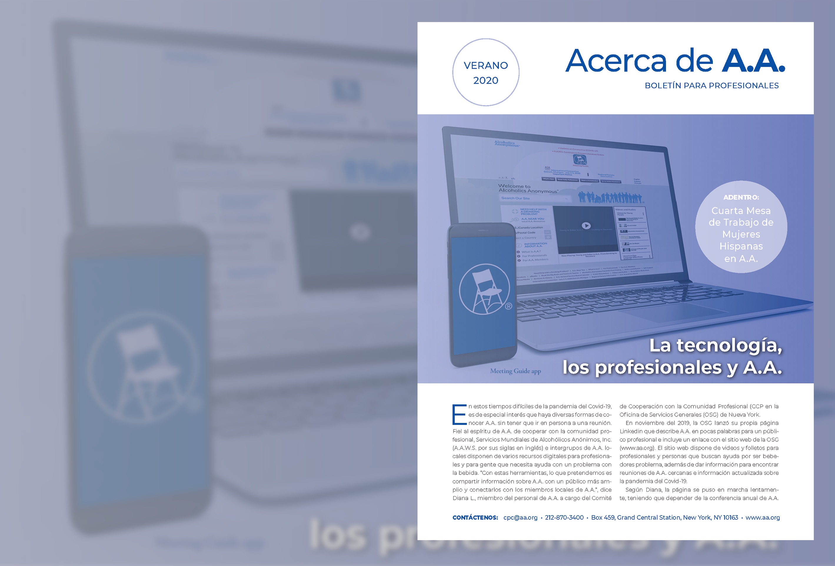 Una computadora portátil y un teléfono mostrando aa.org y la aplicación Meeting Guide, con un recuadro del boletín Acerca de AA.
