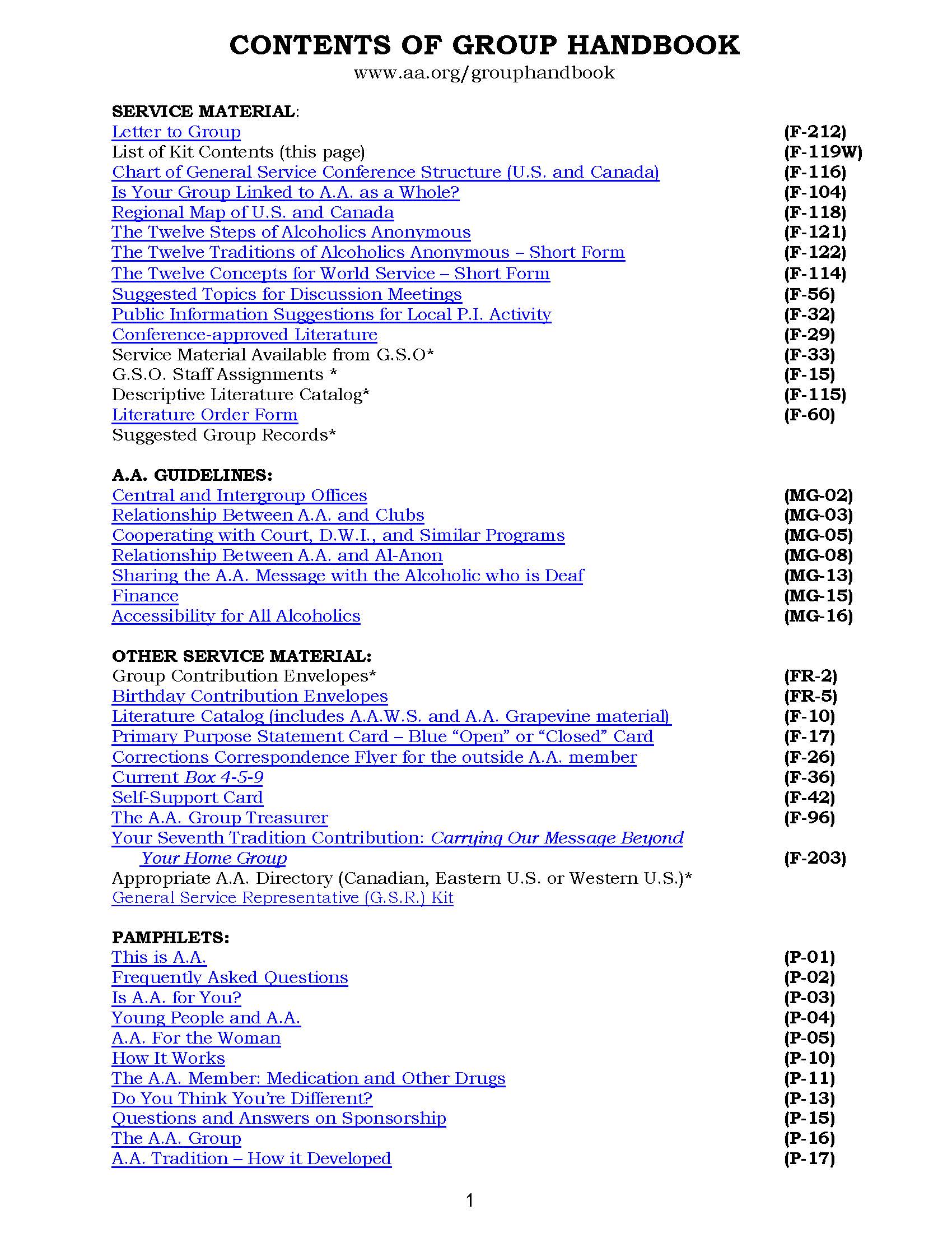 Contents Of Group Handbook List Alcoholics Anonymous