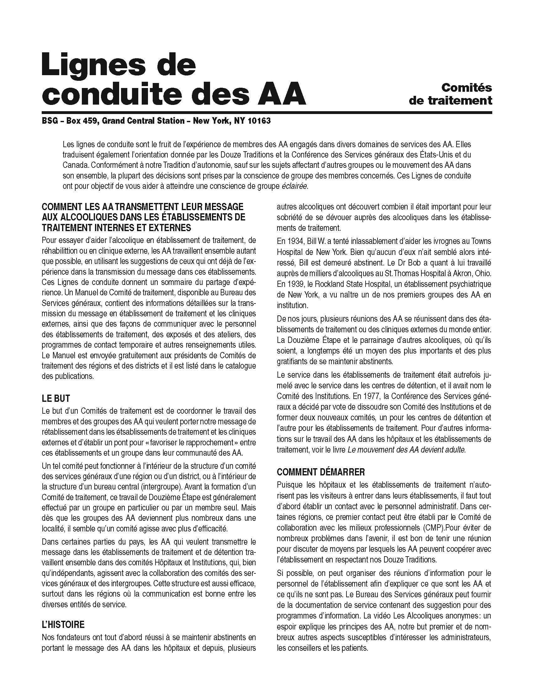 Page de garde de Ligne de conduite des AA sur les Comités de traitement