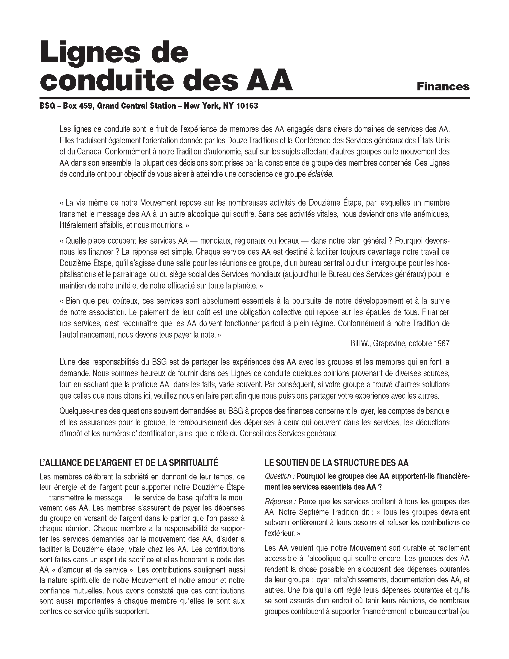 Page de garde de Ligne de conduite des AA sur les Finances