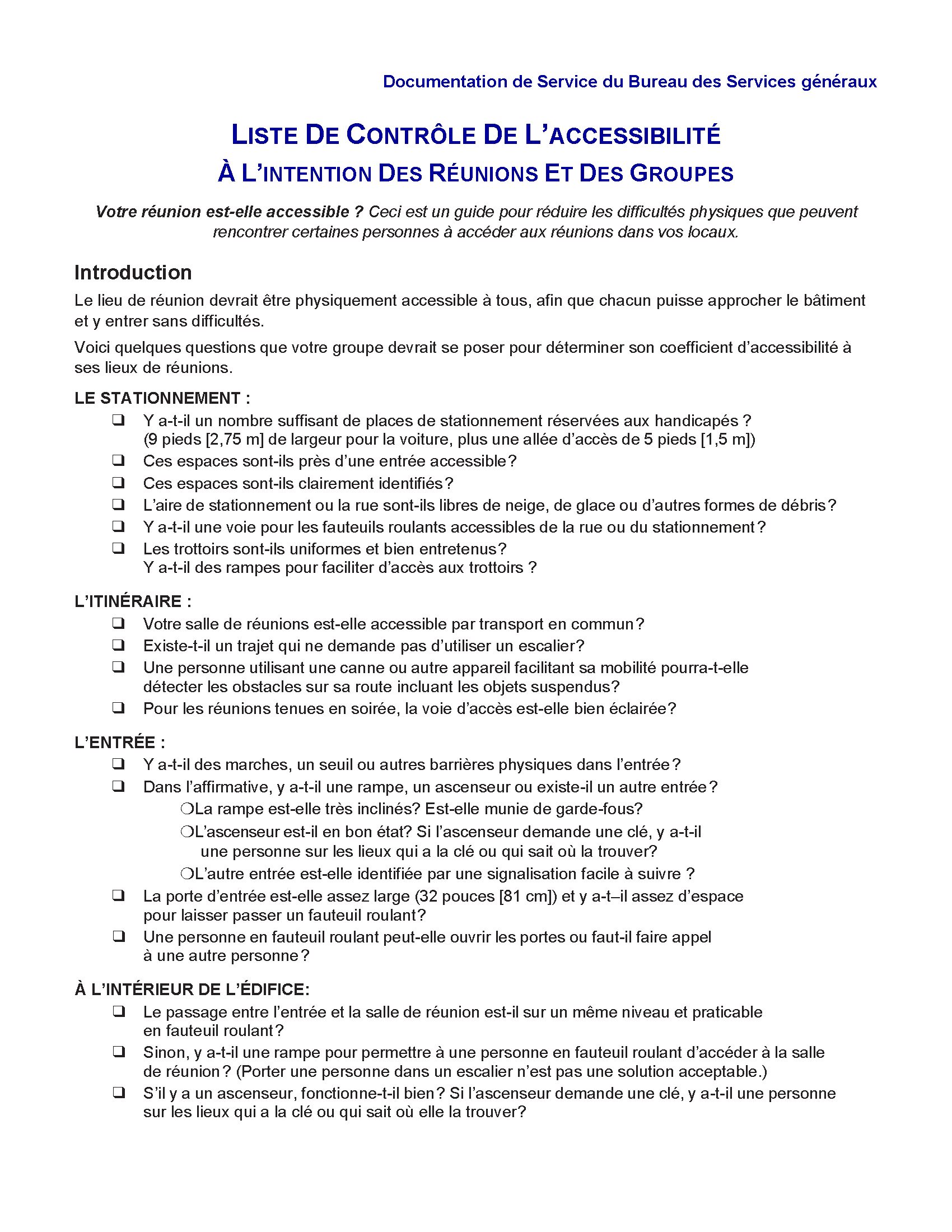 Page de garde de liste de contrôle de l'accessibilité À l'intention des réunions et des groupes