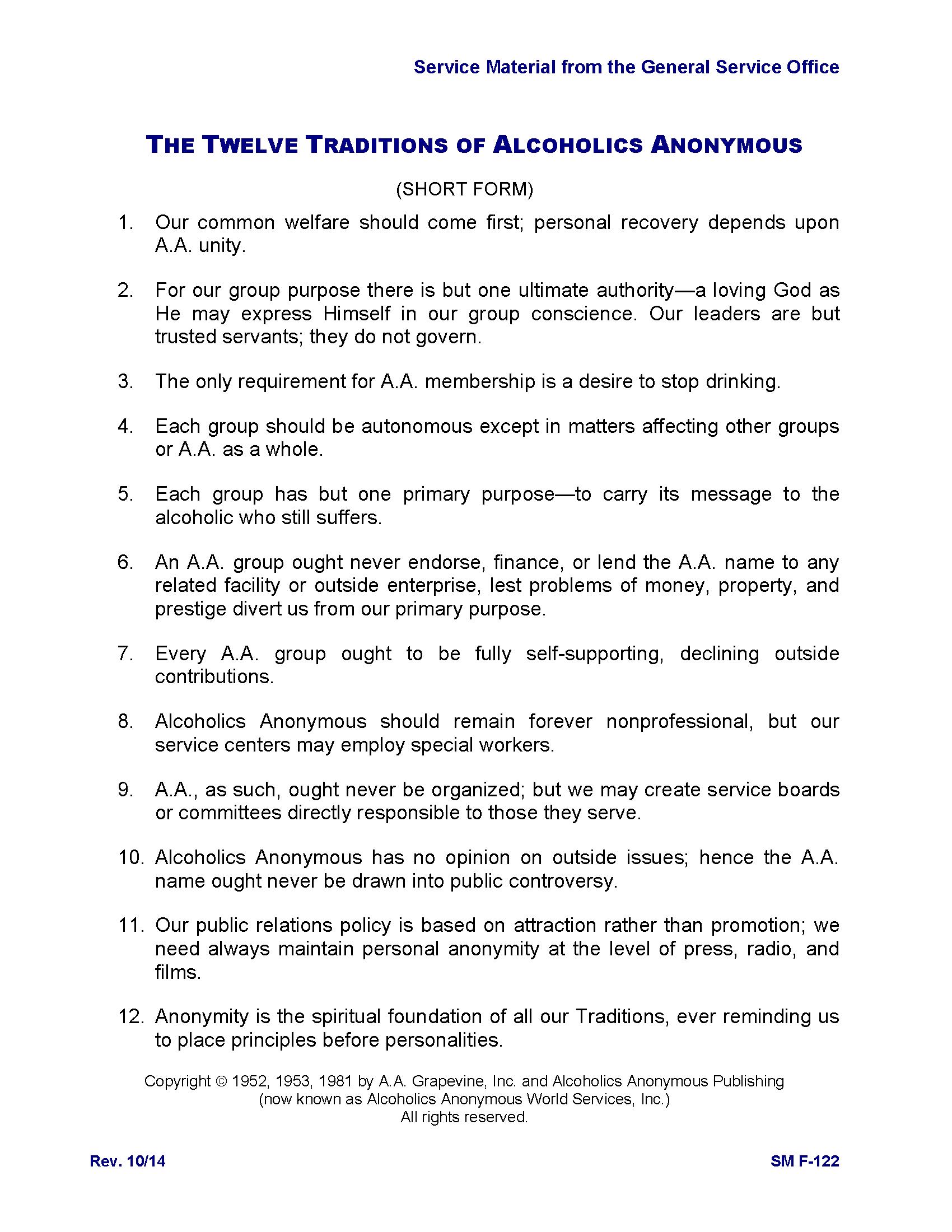 The Twelve Traditions of Alcoholics Anonymous (short form)