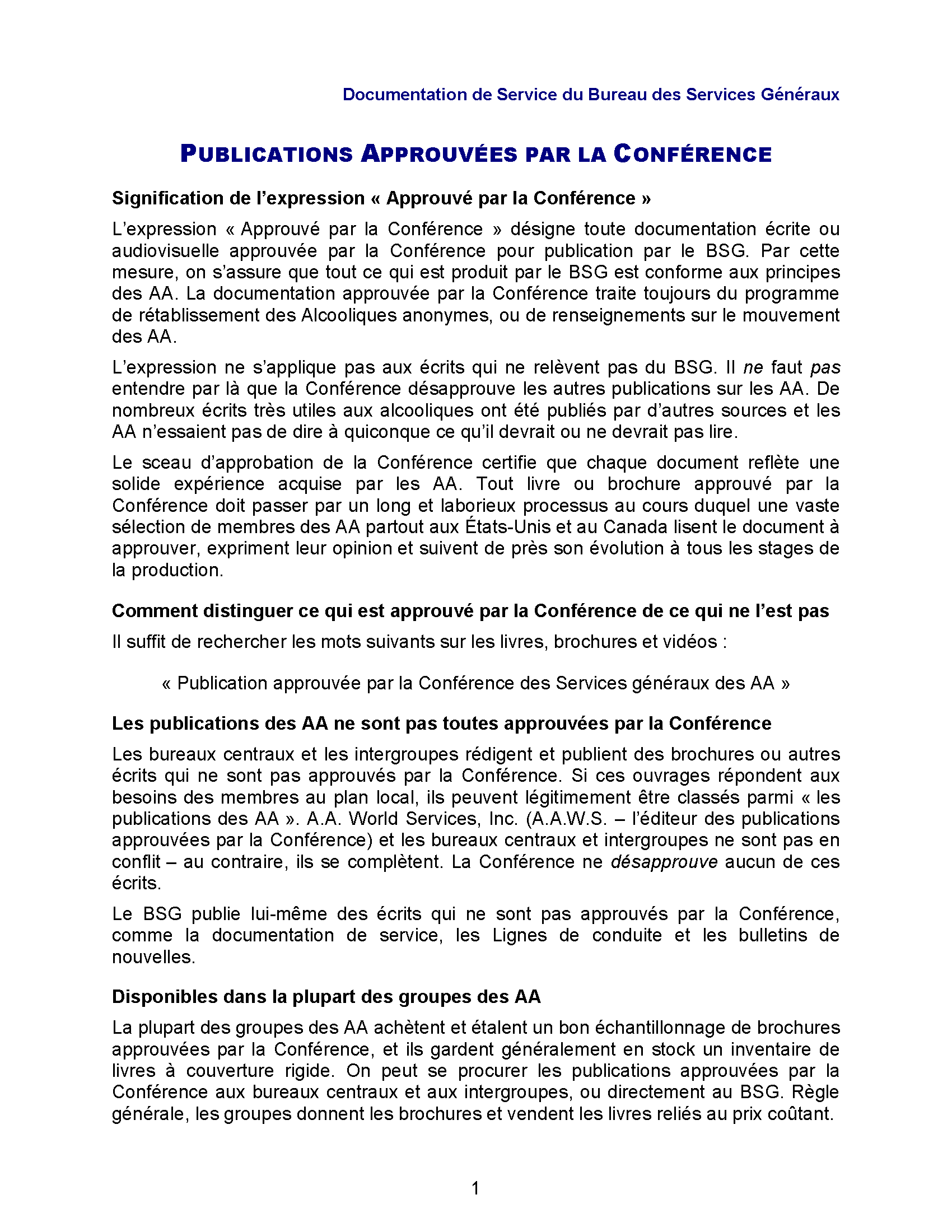 Page de garde de Documentation de Service des AA: Publications Approuvées Par La Conférence