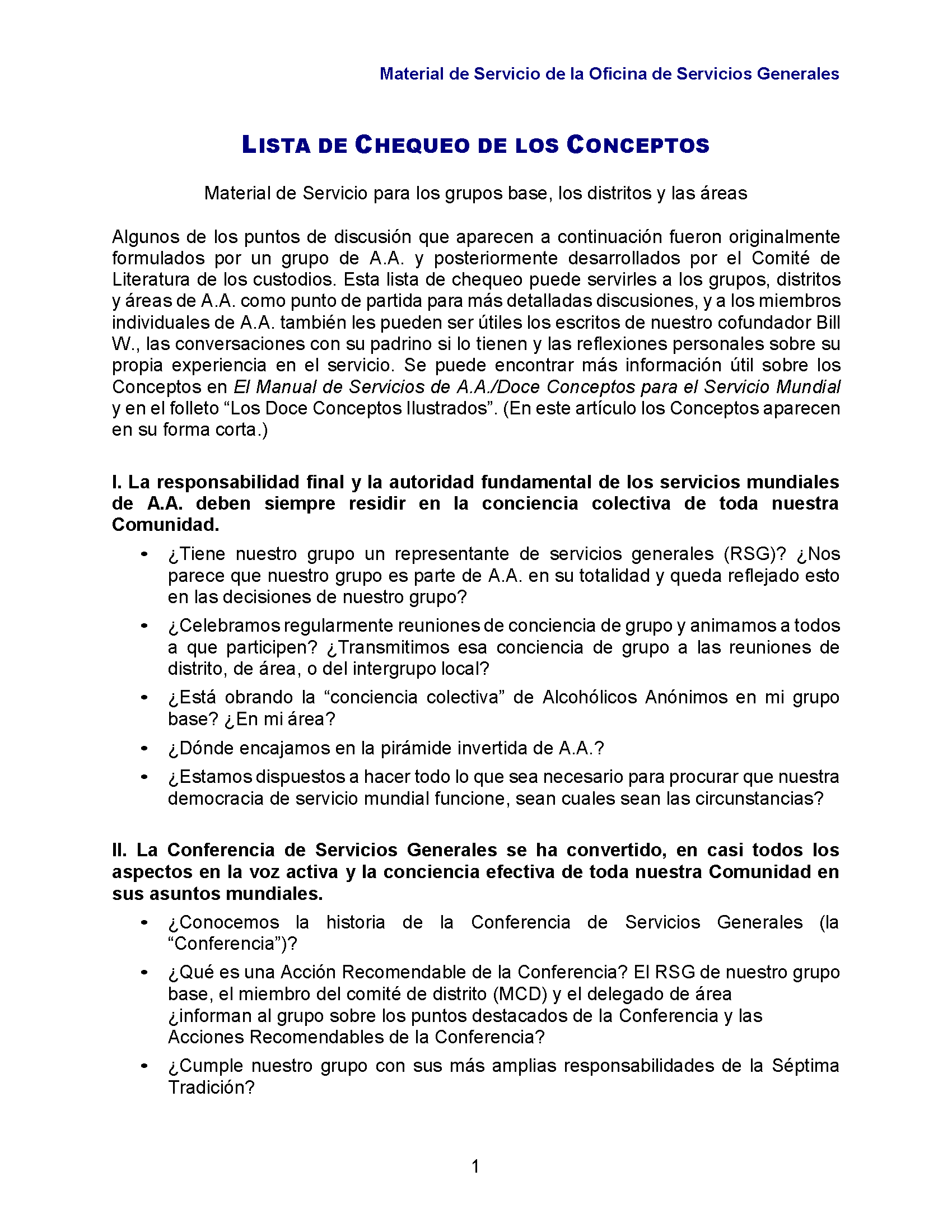 Primera página de la lista de Chequeo de los Conceptos