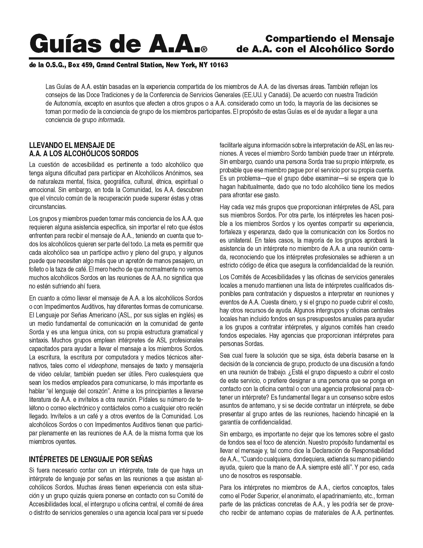Primera página de las Guías de A.A. acerca de Llevando el mensaje de A.A. al alcohólico sordo