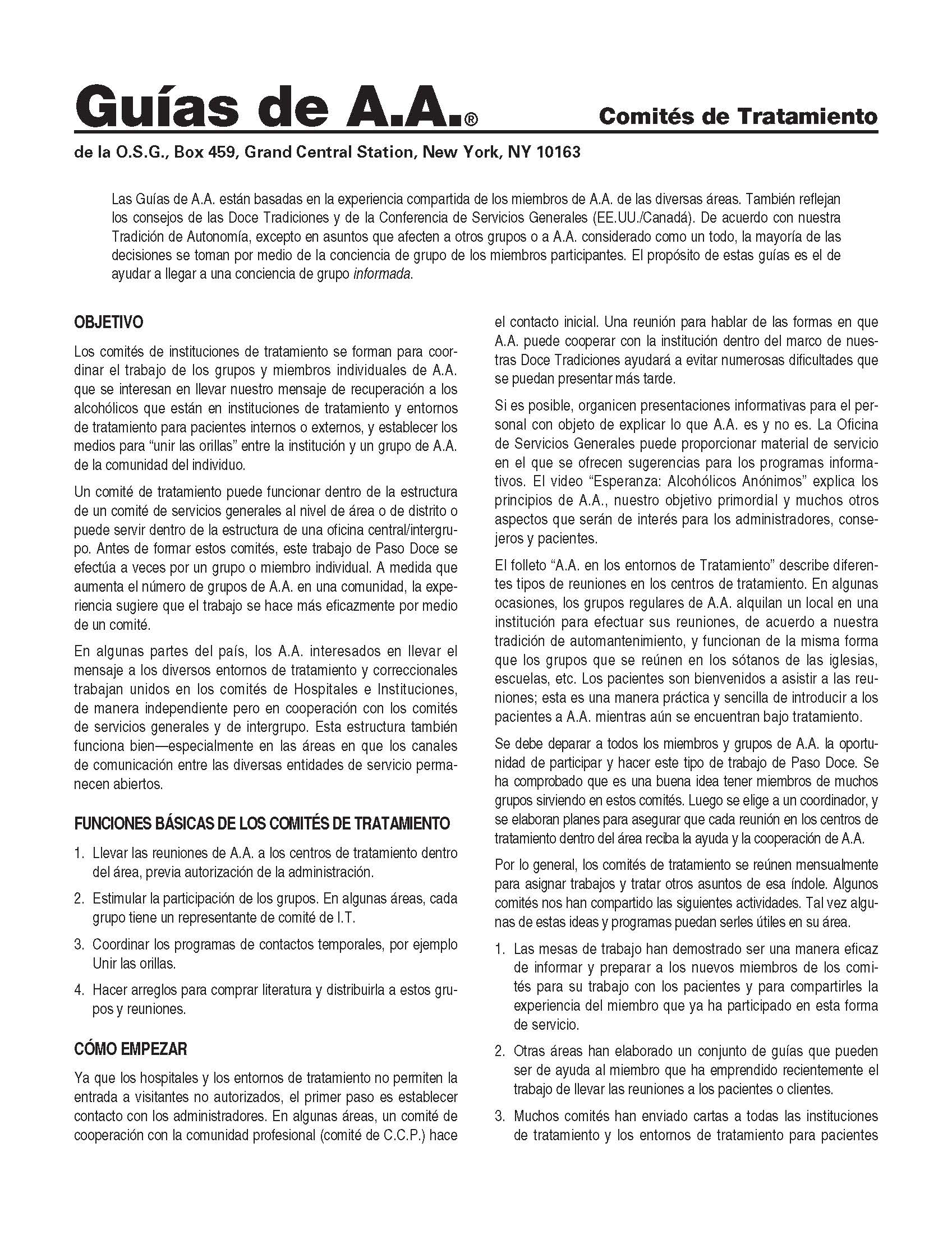 Primera página de las Guías de A.A. acerca de Comités de Tratamiento