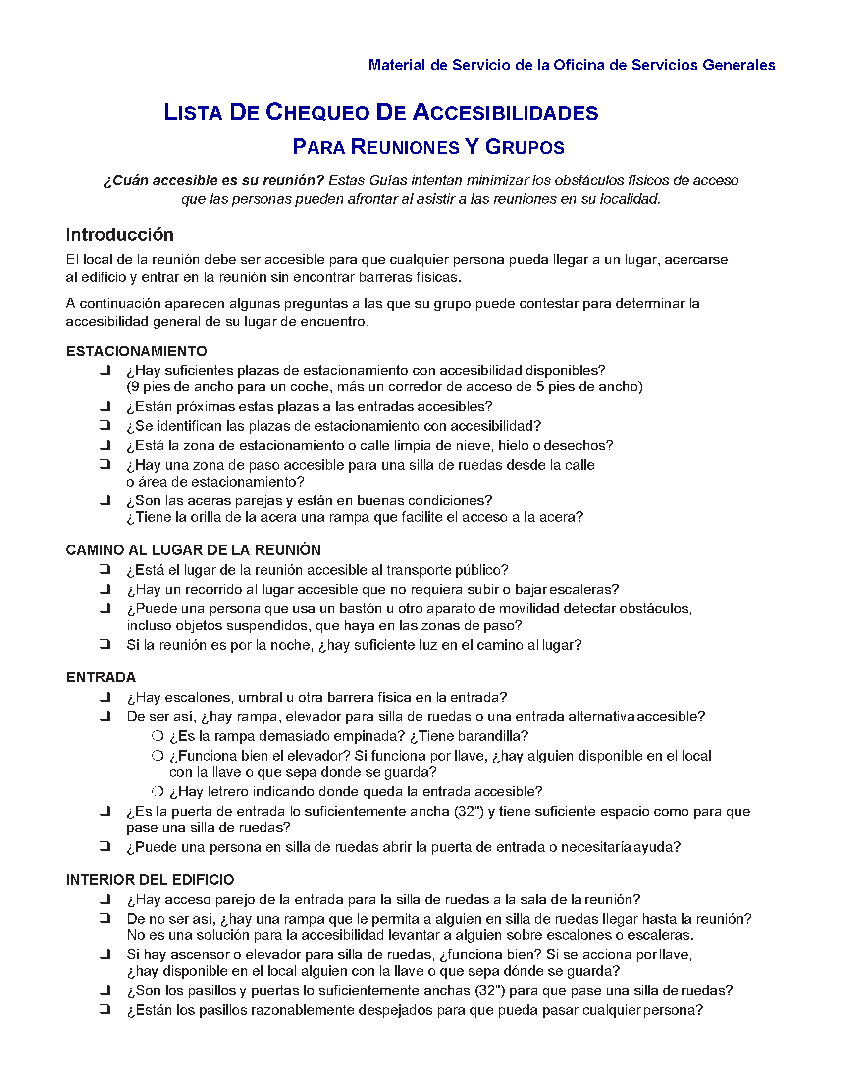 Primera página de la lista de Chequeo de Accesibilidades para Reuniones y Grupos