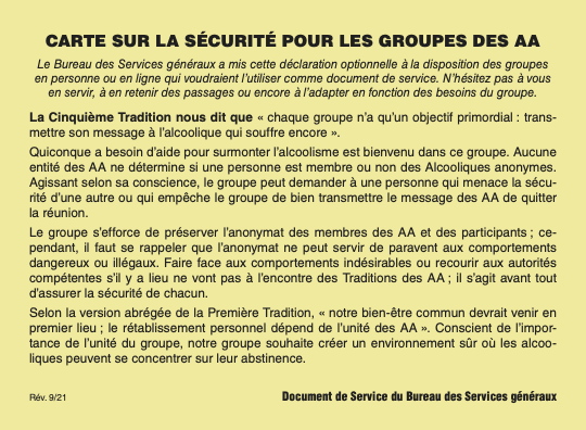 Couverture de carte sur la Sécurité pour les Groupes des AA