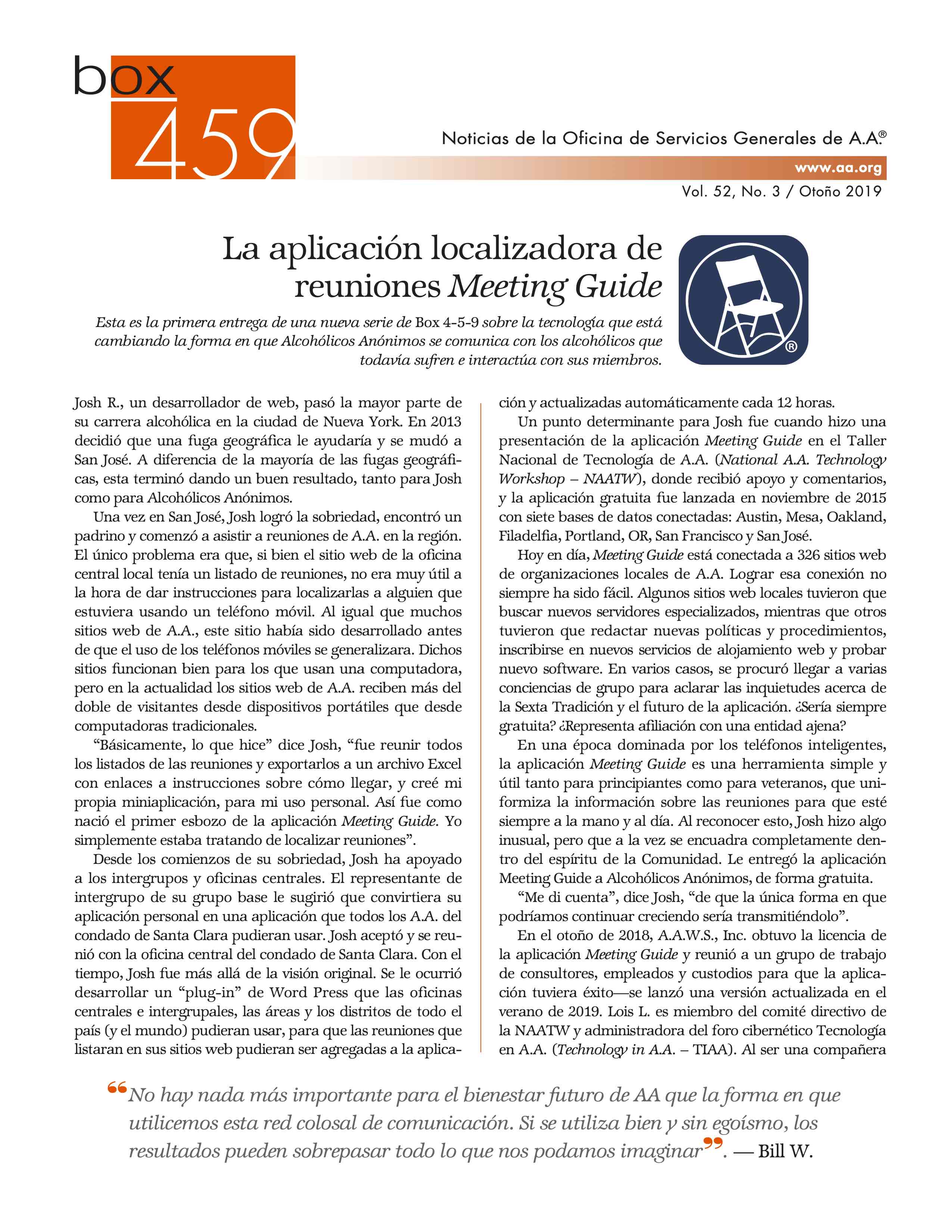 Portada del boletín Box 4-5-9 de otoño de 2019 con un artículo sobre la historia de la aplicación Meeting Guide.