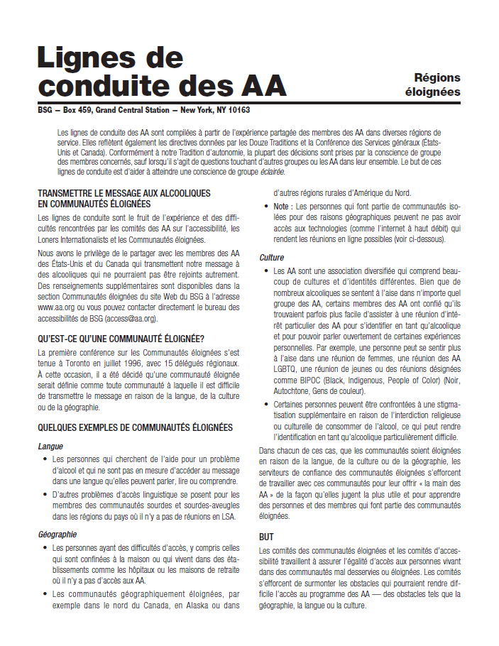 Page de garde de Ligne de conduite des AA sur Régions Éloignées