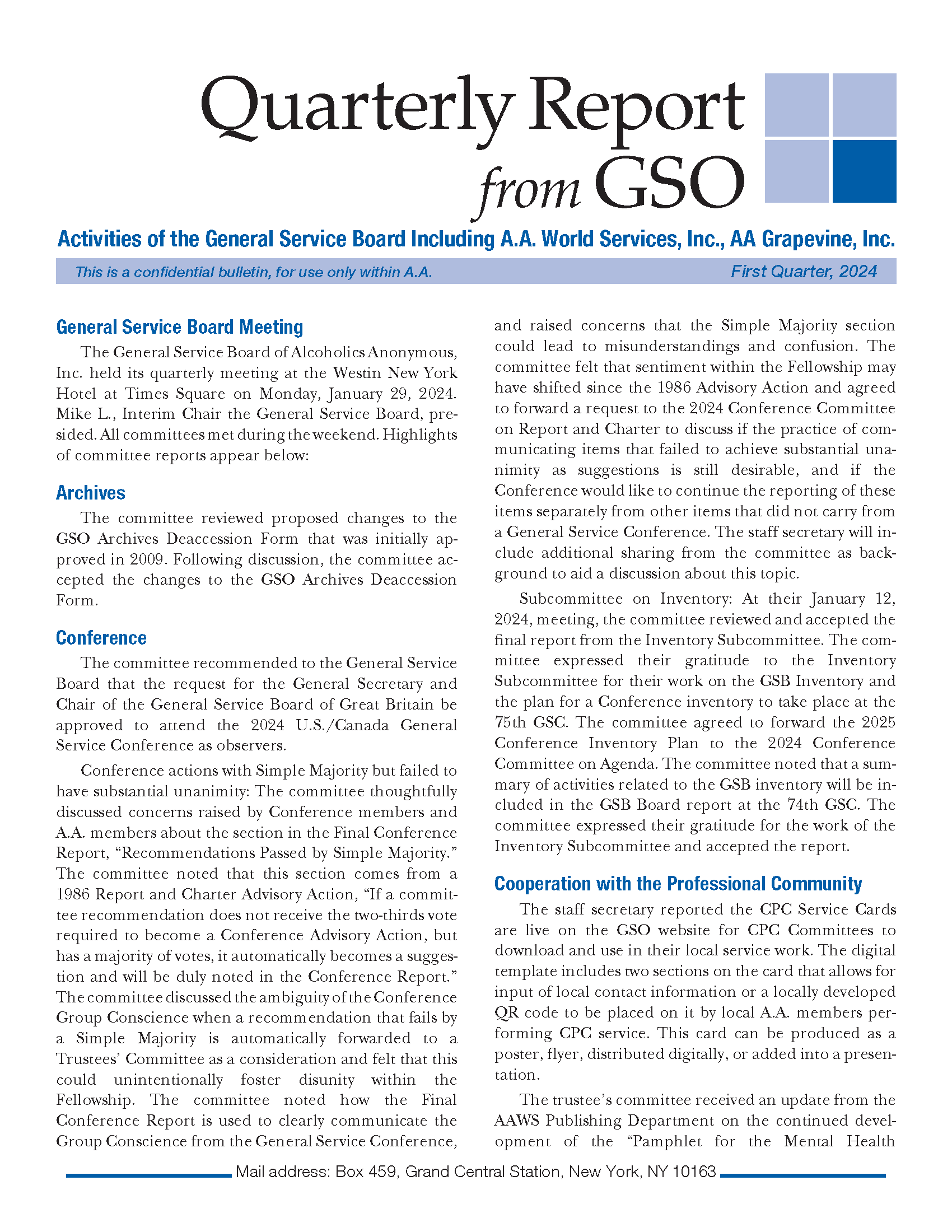 First page of the GSO Quarterly Report - First Quarter in English