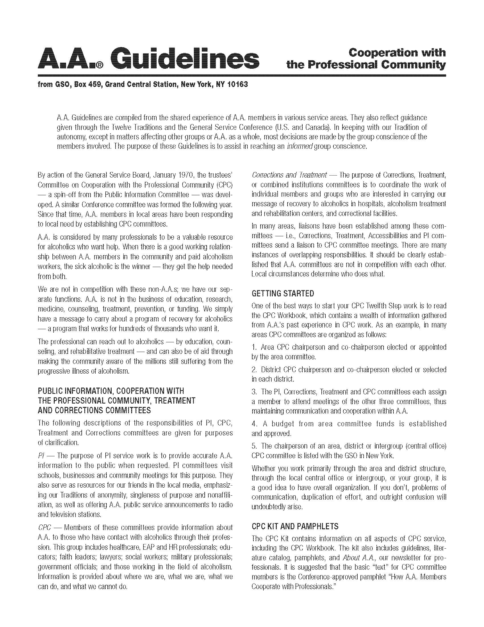 Front page of the AA Guidelines on Cooperation With the Professional Community