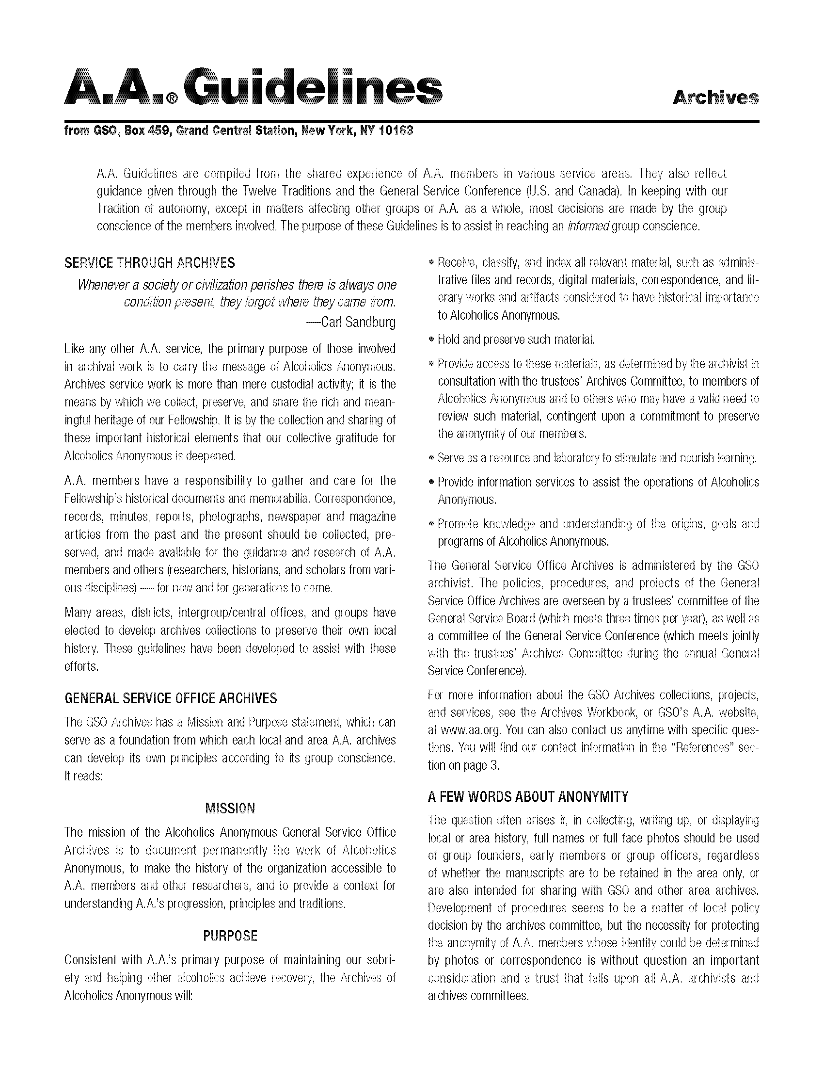 Front page of the AA Guidelines on Archives