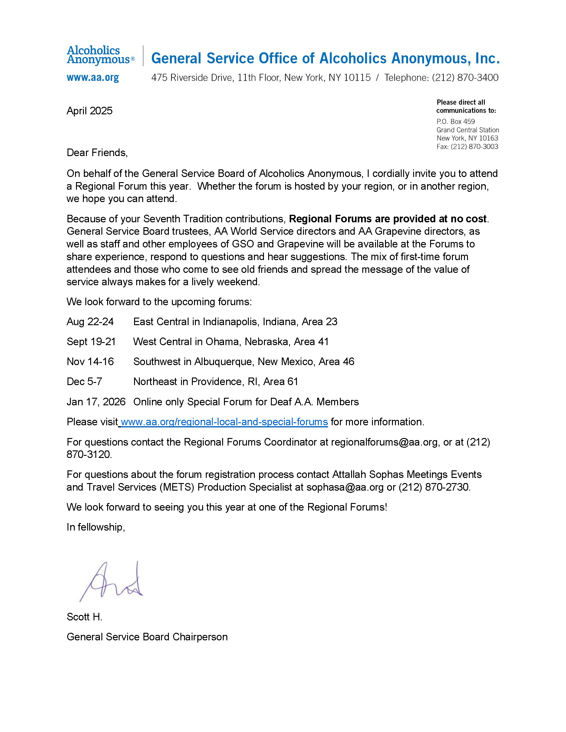 Image of Letter from the Chairperson of Regional Forums