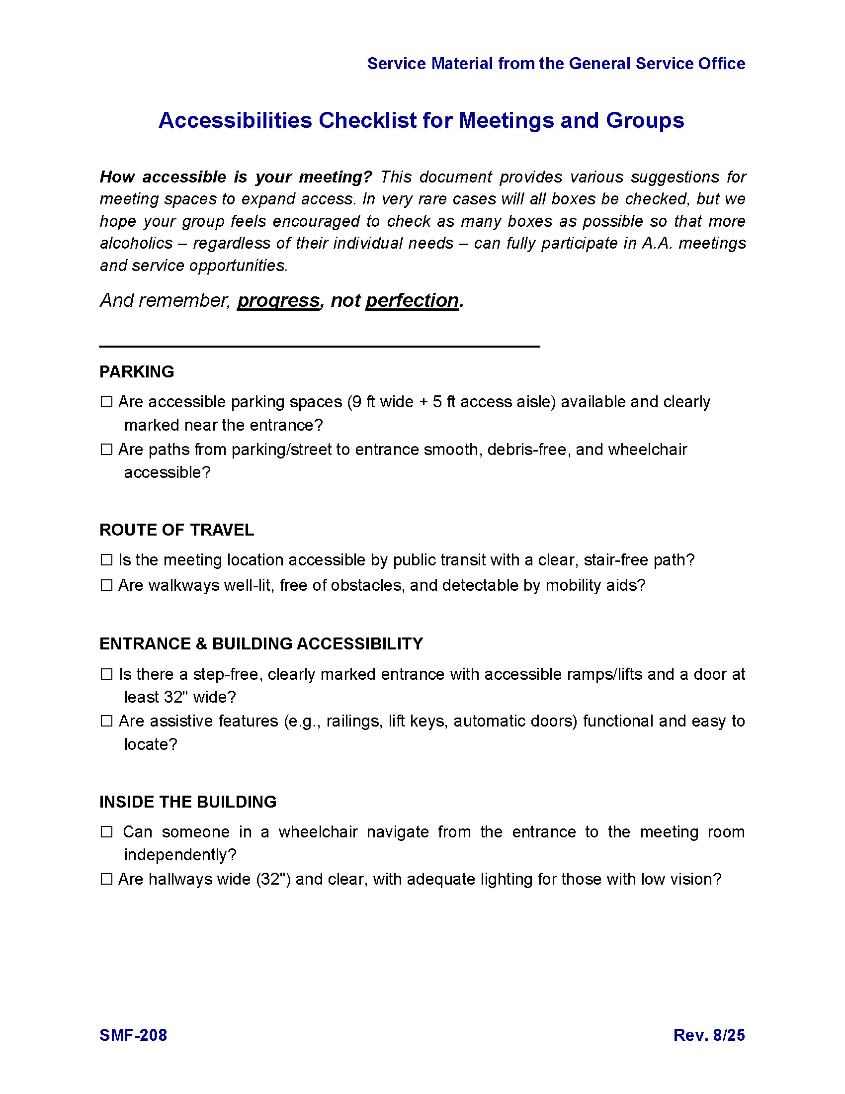 Cover of Accessibilities Checklist for Meetings and Groups